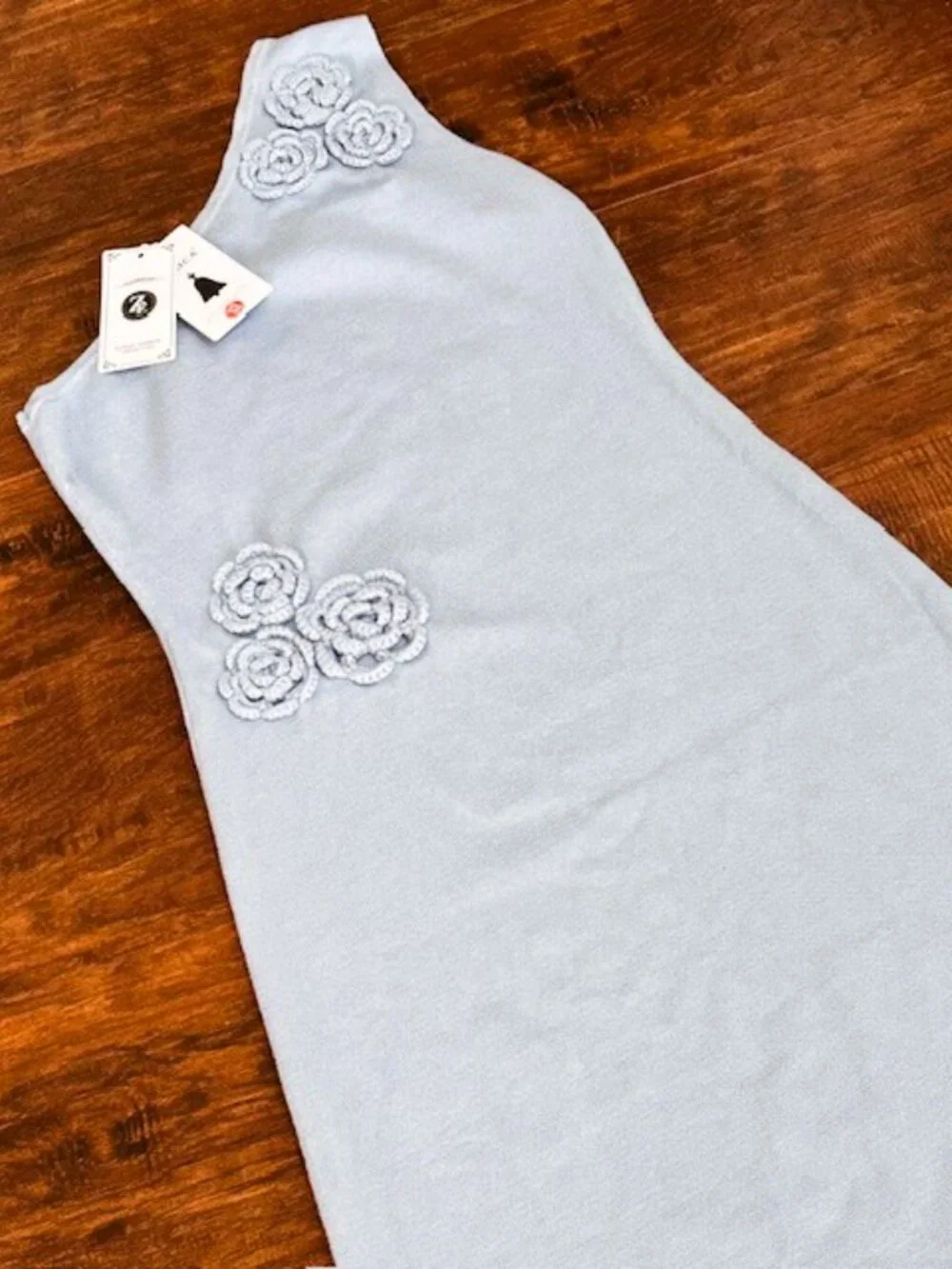 Light Blue One Shoulder Crochet Flower Knit Maxi Dress M - Picture 6 of 10